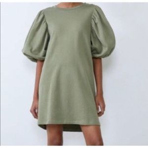 Zara Khaki green balloon sleeve soft dress S